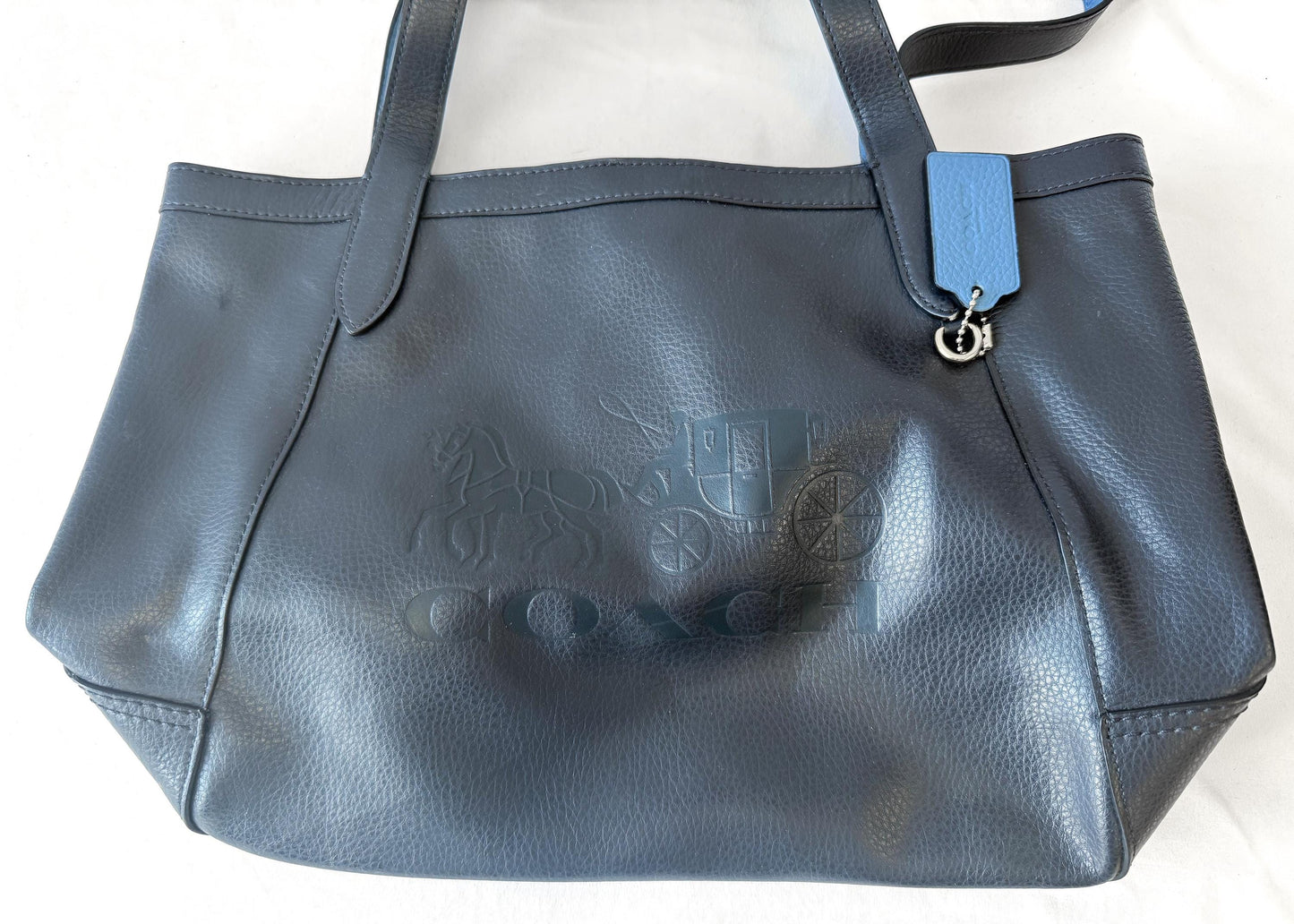 Modern Coach Midnight Blue Horse & Carriage Embossed Pebbled Leather Shoulder Tote Bag, Style C4063