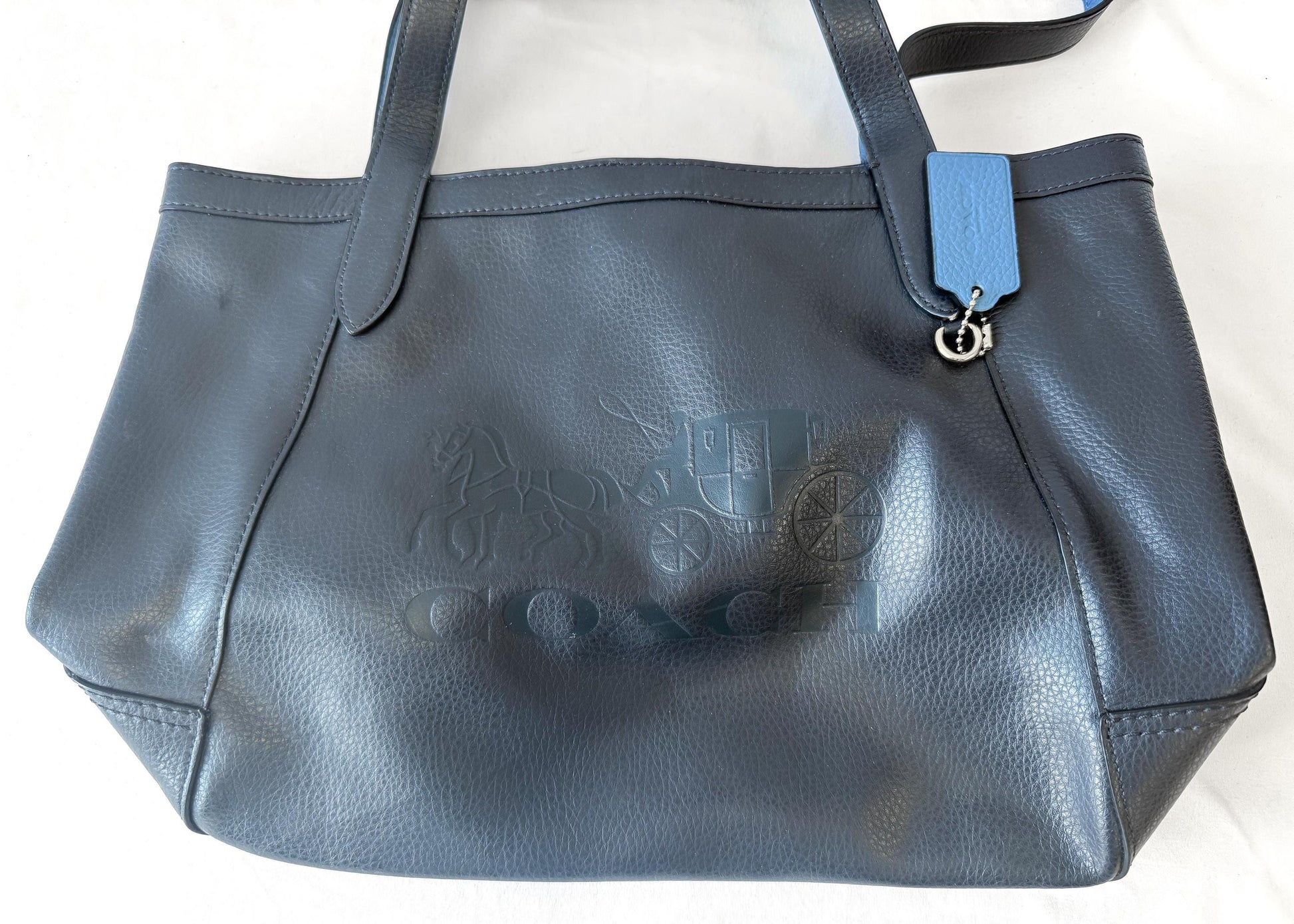 Modern Coach Midnight Blue Horse & Carriage Embossed Pebbled Leather Shoulder Tote Bag, Style C4063