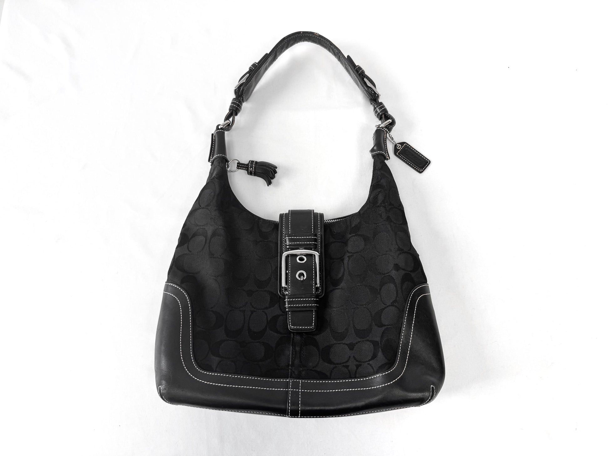 Y2K 00s Coach Signature Hamilton Black Monogram Hobo Canvas Leather Medium Shoulder Bag, Style 6824