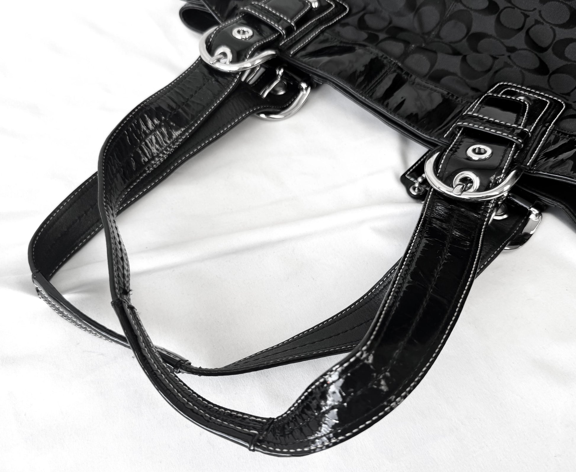 Y2K 00s Coach Black Soho Hampton Pleated Patent Leather Trim Satchel Shoulder Bag, Style 13473