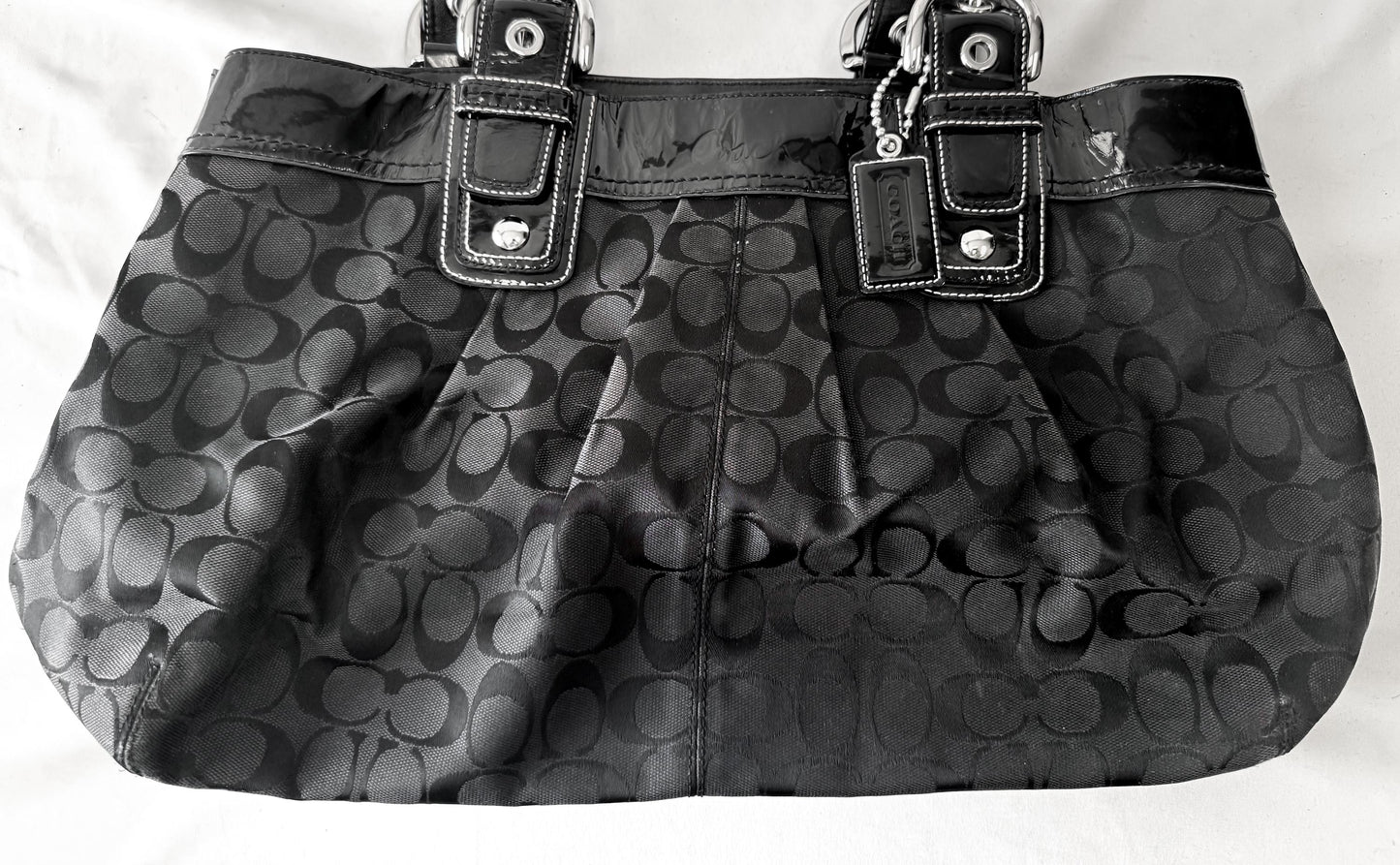 Y2K 00s Coach Black Soho Hampton Pleated Patent Leather Trim Satchel Shoulder Bag, Style 13473