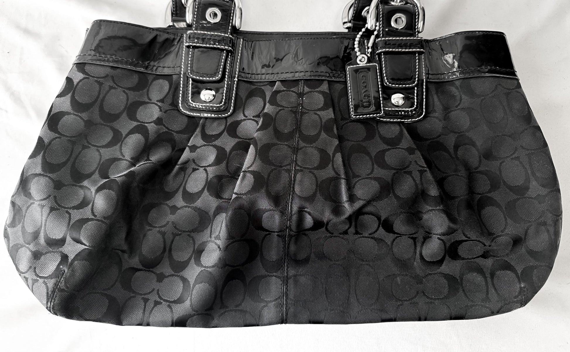 Y2K 00s Coach Black Soho Hampton Pleated Patent Leather Trim Satchel Shoulder Bag, Style 13473