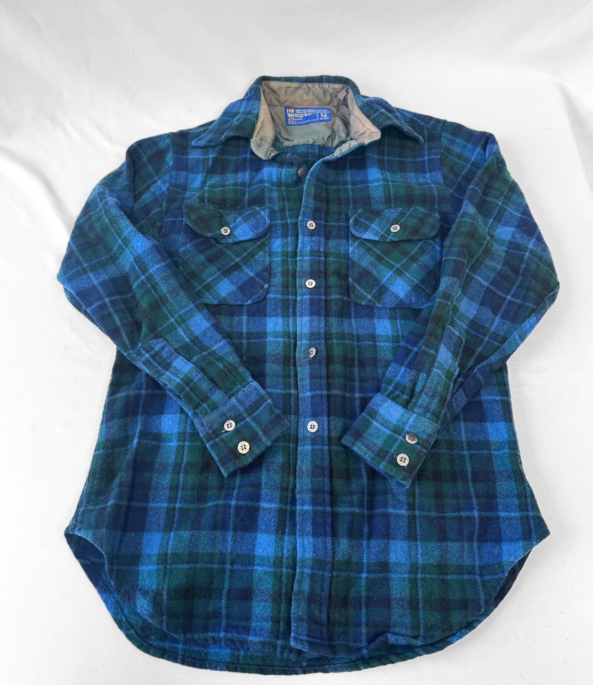 Vintage 70s JCPenney Blue Green Plaid Quilted Wool Button Down, Vintage Men's M