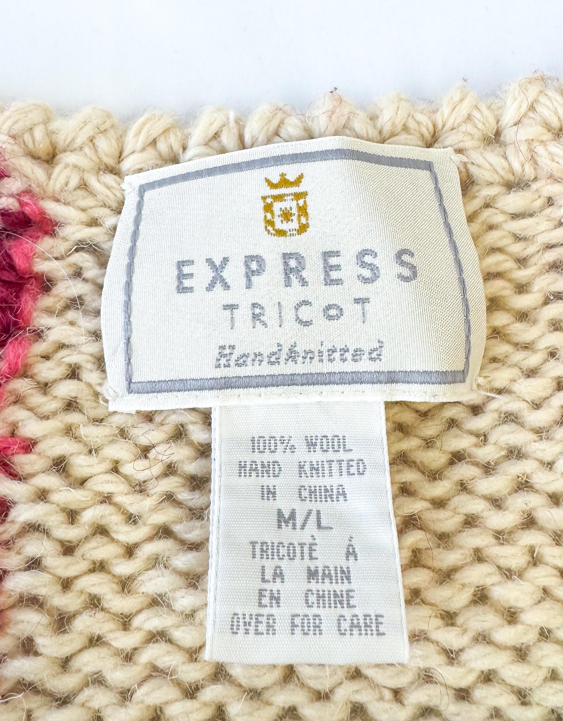 Vintage Express Tricot Handknit Cream Pink Floral Chunky Knit Wool Cardigan Sweater, Sz. M/L