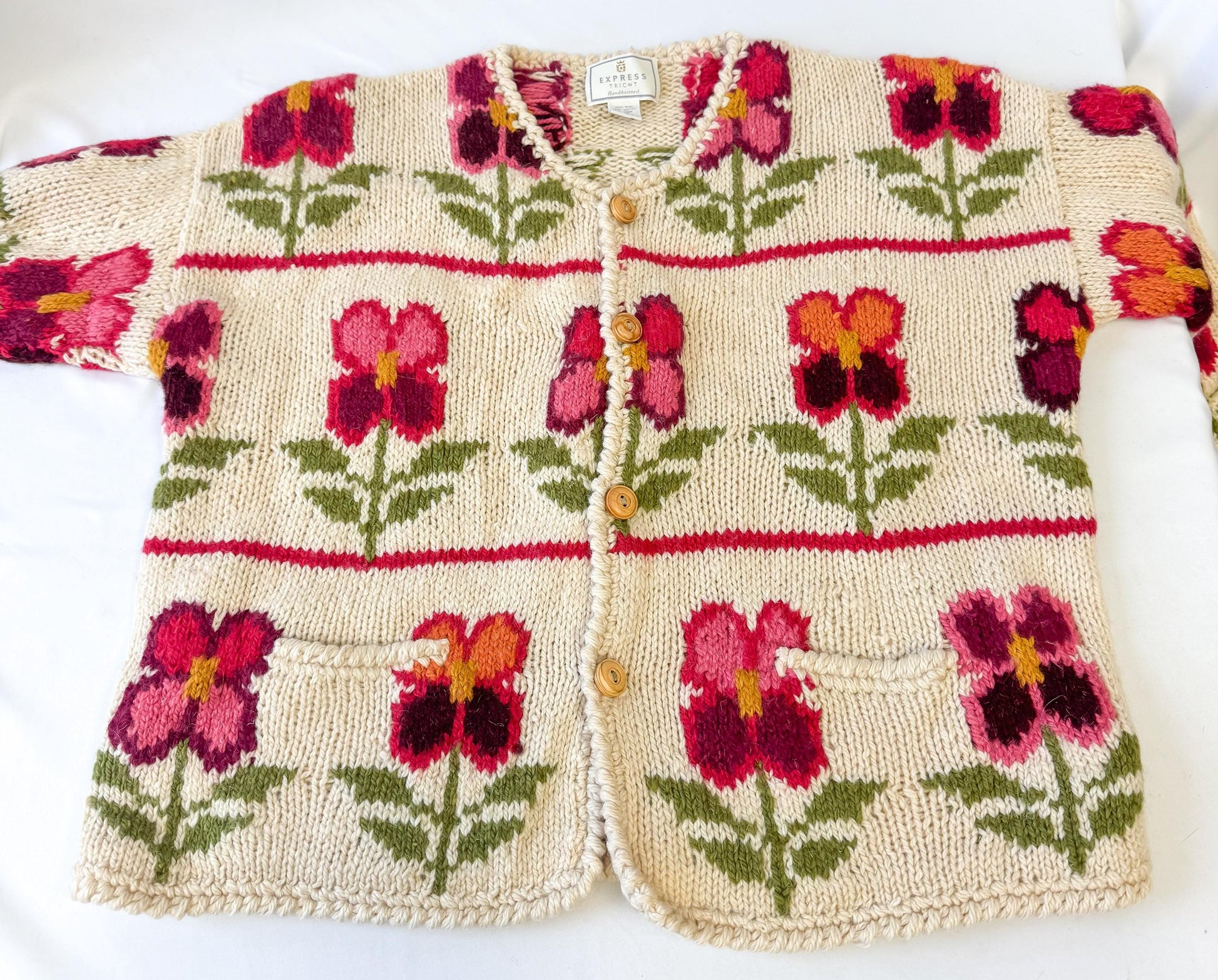 Vintage Express Tricot Handknit Cream Pink Floral Chunky Knit Wool Cardigan Sweater, Sz. M/L