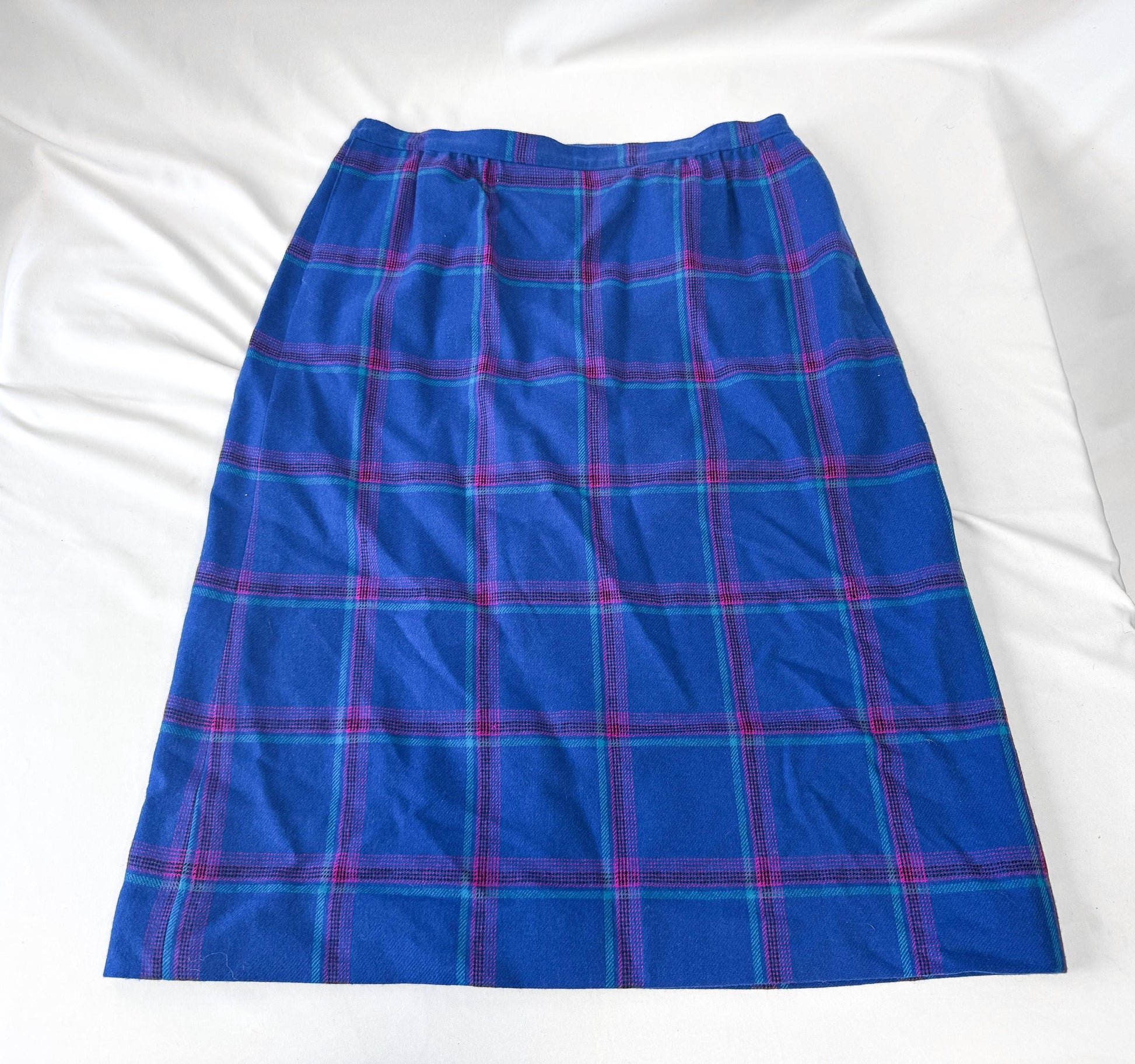 Vintage 90s Pendleton Blue Pink Grid Patterned Wool Skirt, 32" Waist, Preppy Academia Style Skirt