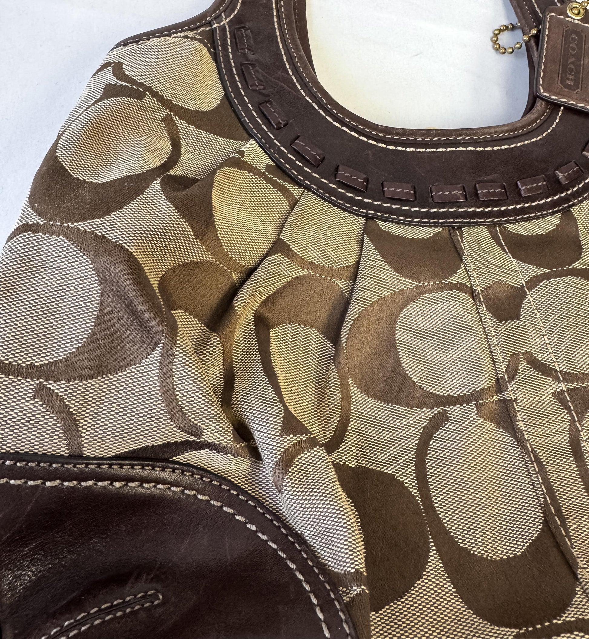 Y2K 00s Coach Ergo Framed Signature Brown Beige Kiss Lock Pleated Shoulder Bag, Style 12232