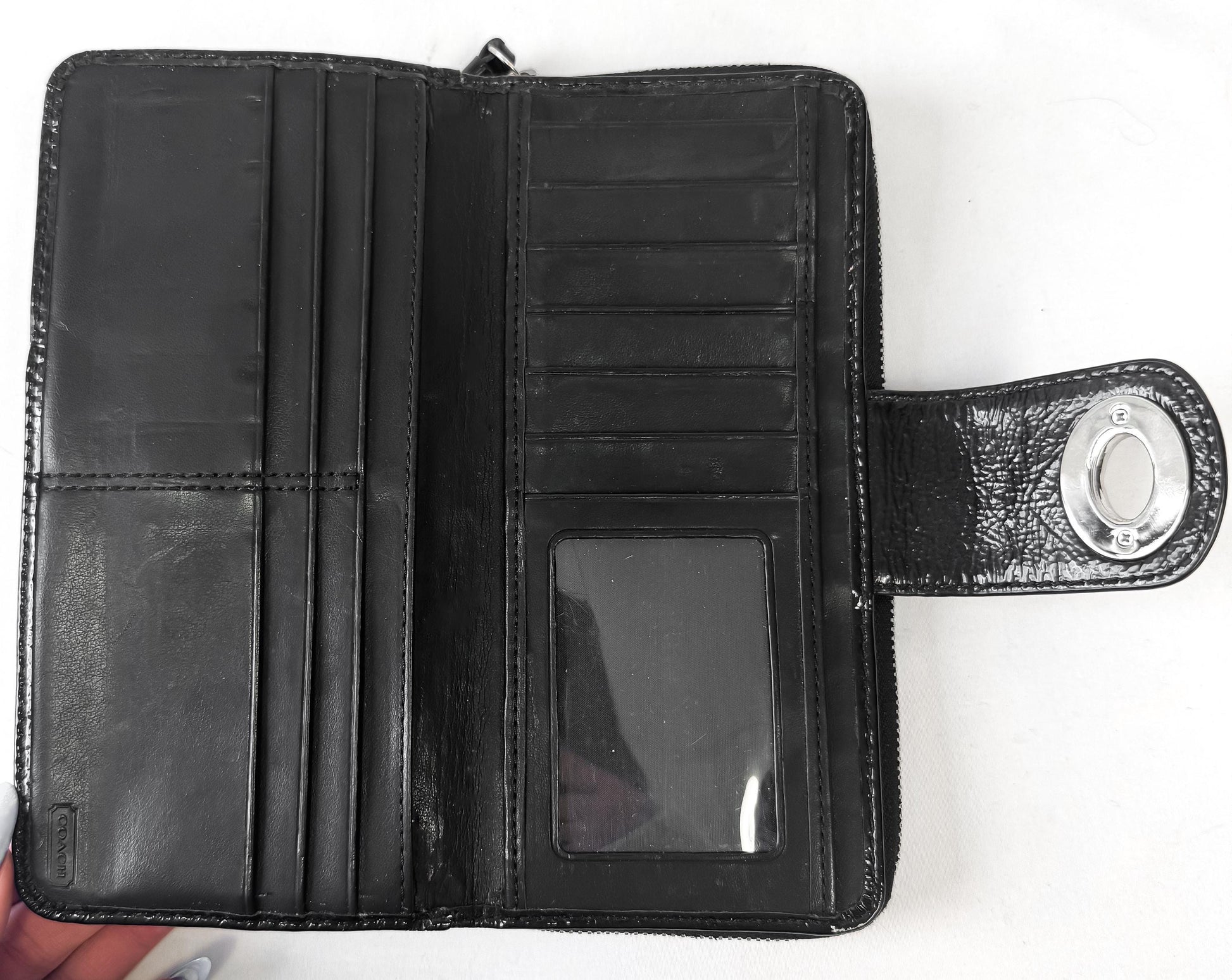 Y2K 00s Coach Black Patent Leather Embossed Monogram Turnlock Wallet