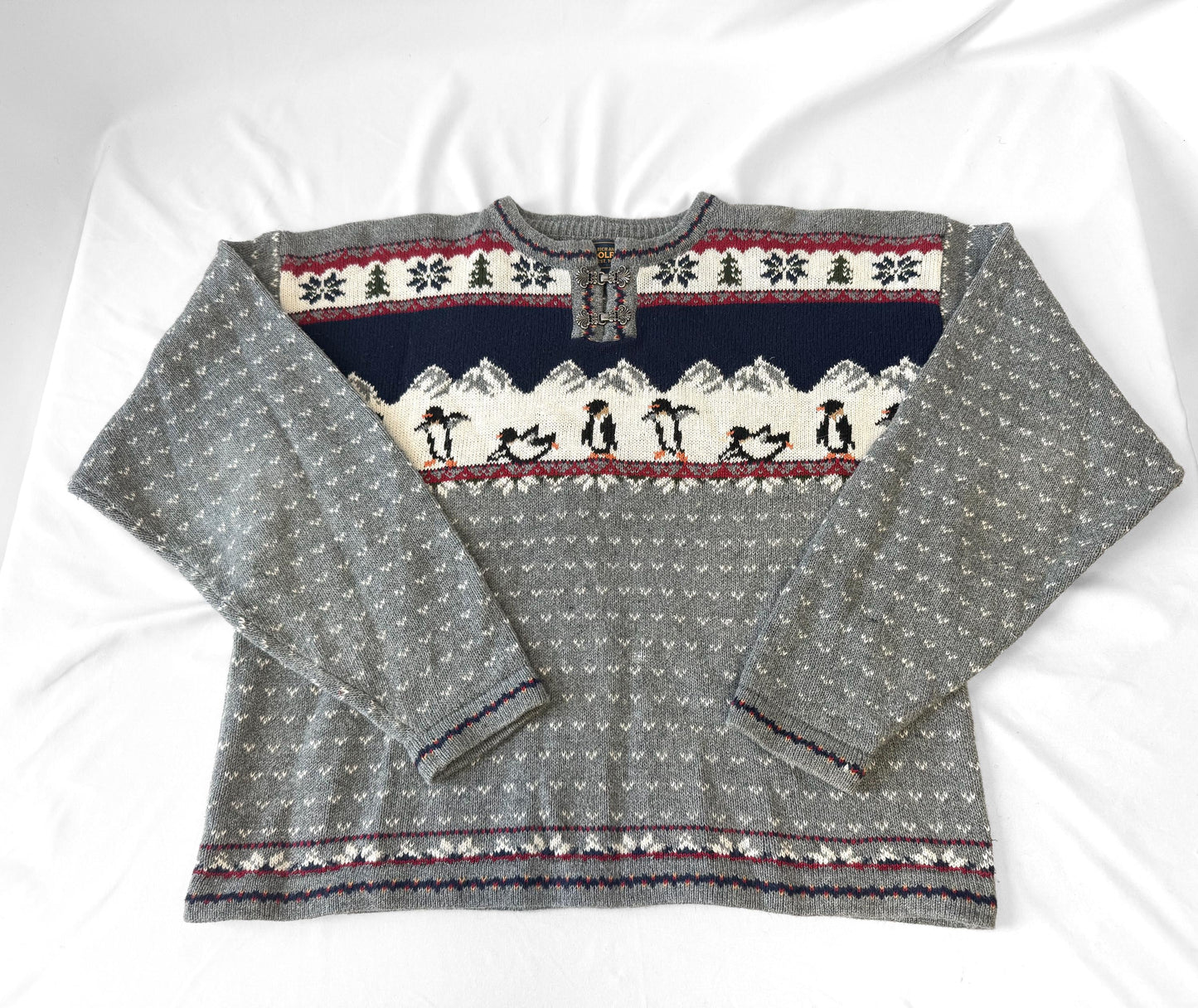 Vintage Woolrich Gray Penguin Print Quarter Clasp Ramie Cotton Blend Sweater, Women's Sz. M