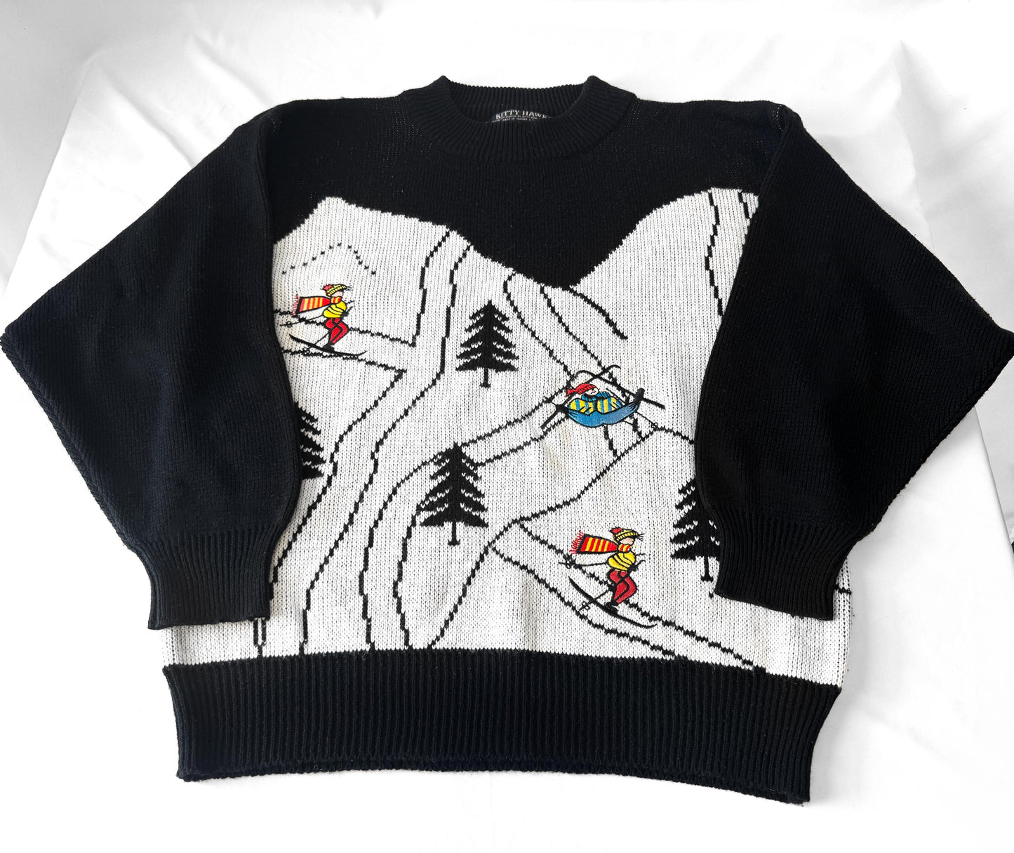 Vintage Kitty Hawk Black White Ski Trail Mountains Crewneck Sweater, Sz. M