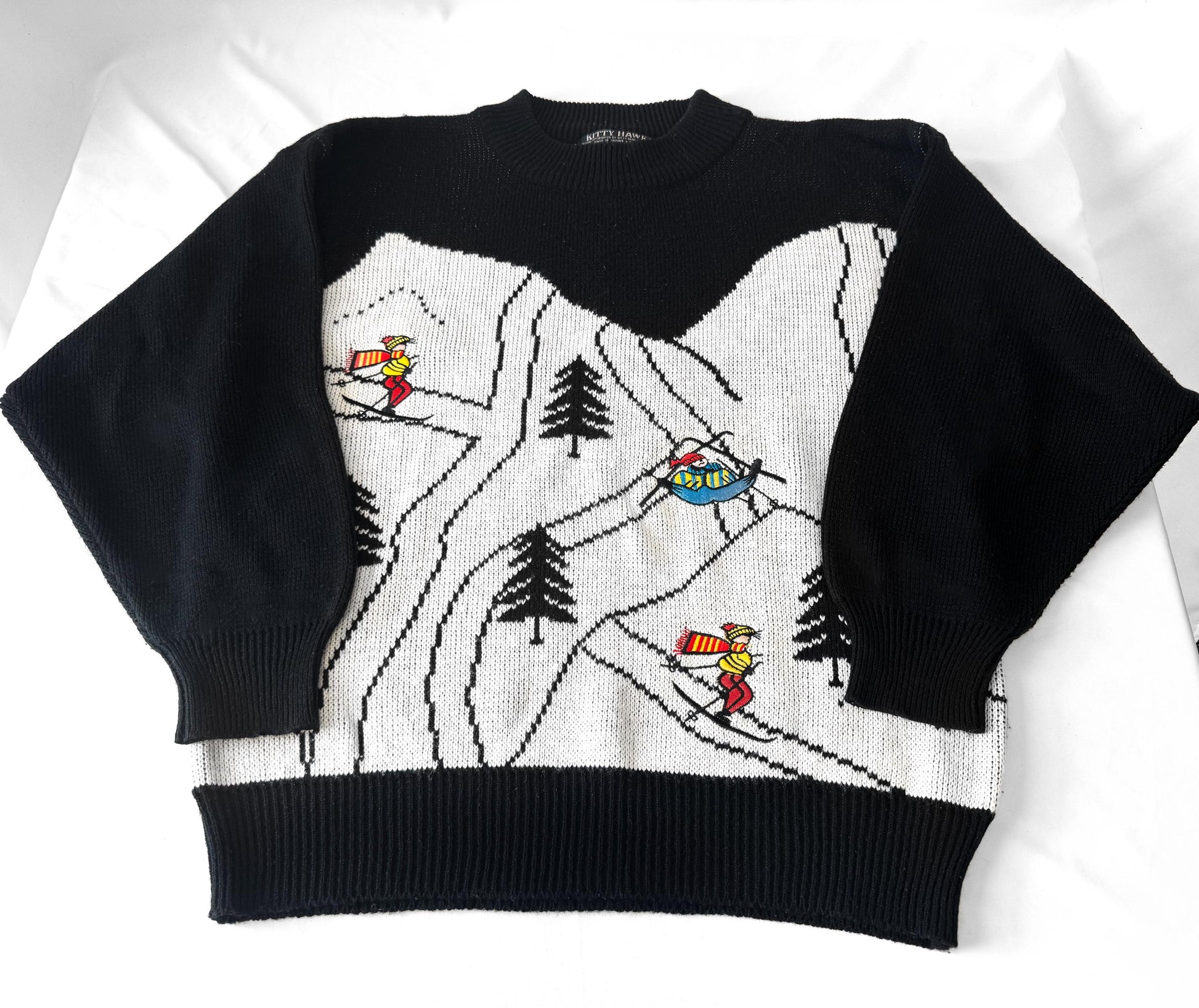 Vintage Kitty Hawk Black White Ski Trail Mountains Crewneck Sweater, Sz. M