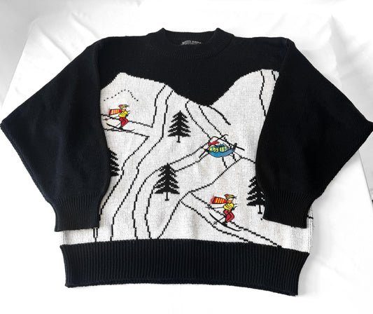 Vintage Kitty Hawk Black White Ski Trail Mountains Crewneck Sweater, Sz. M