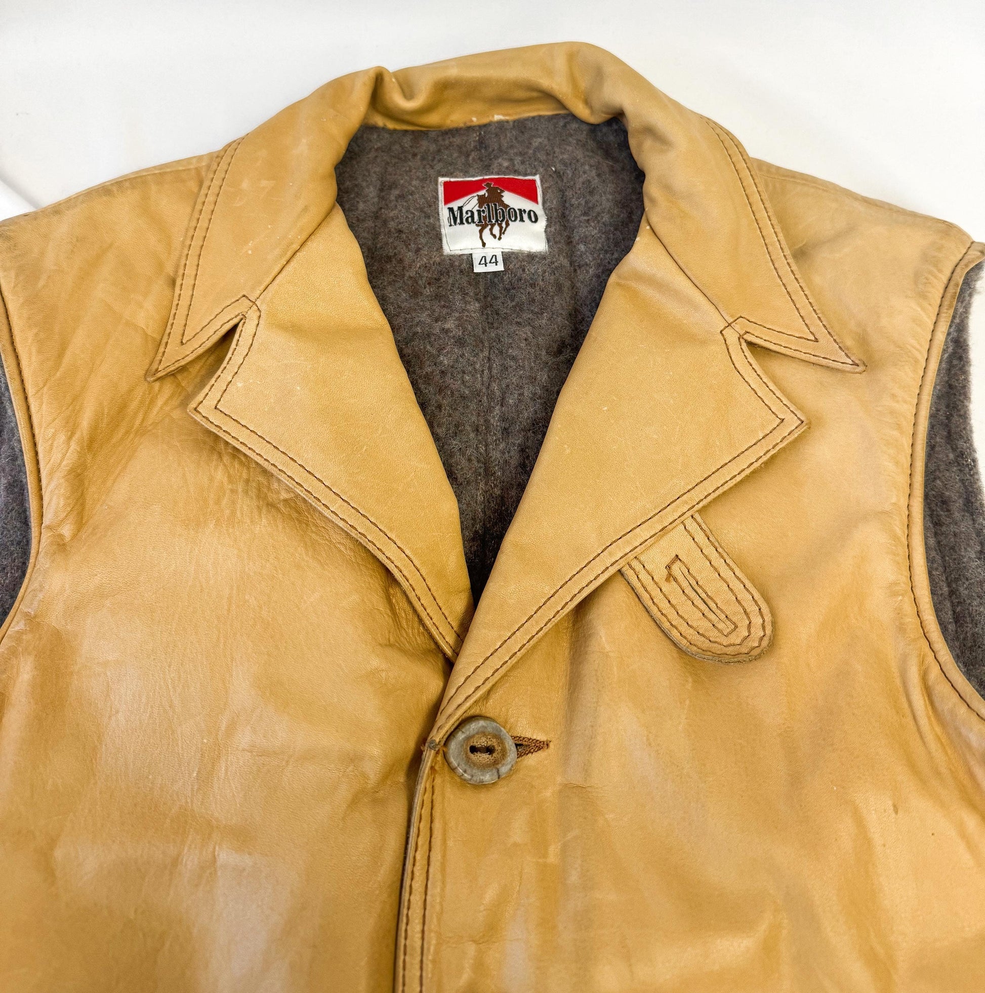 Vintage 70s Marlboro Tan Leather Wool Lined Button Vest, Approx. Men's Sz. L