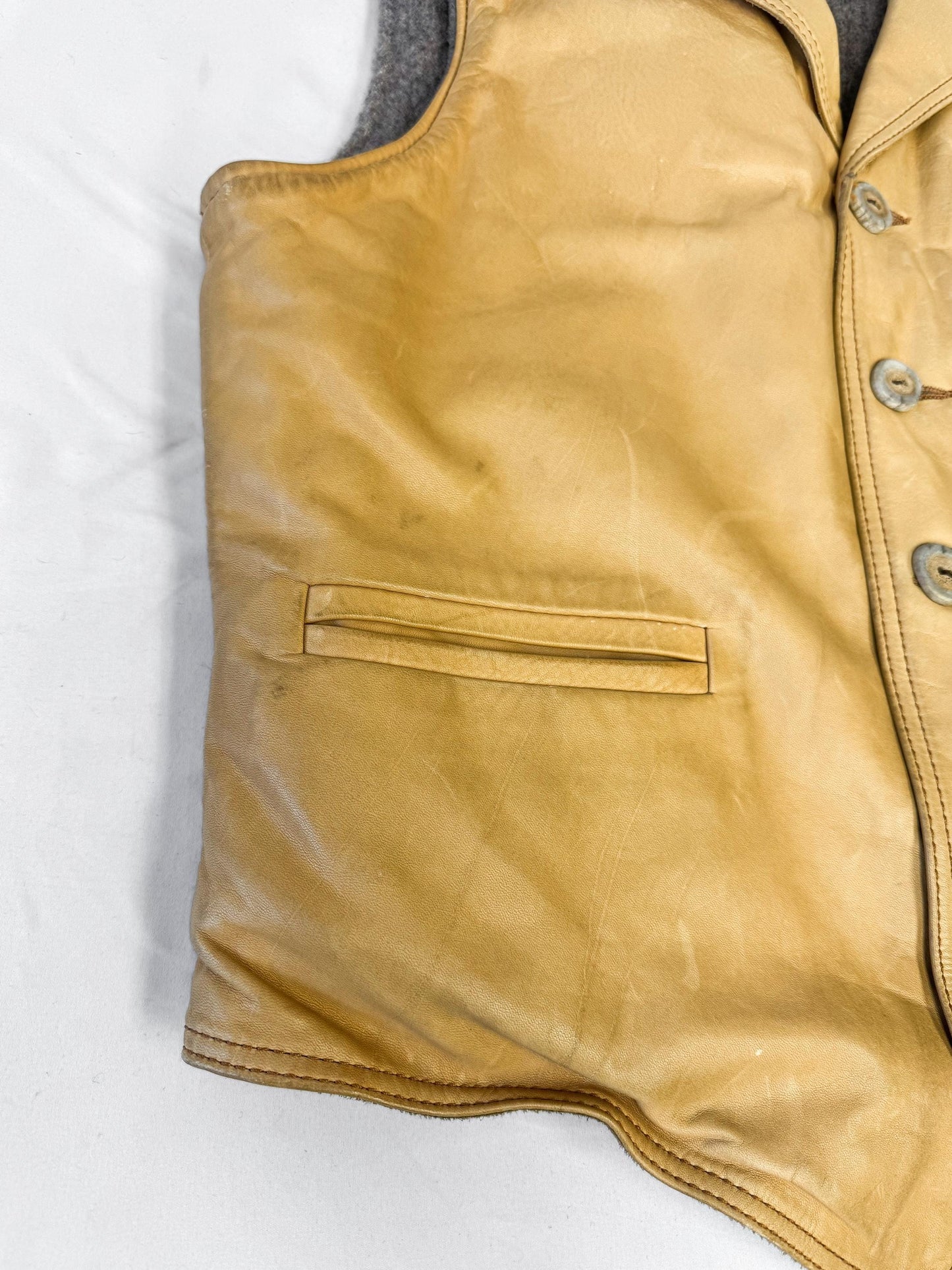 Vintage 70s Marlboro Tan Leather Wool Lined Button Vest, Approx. Men's Sz. L