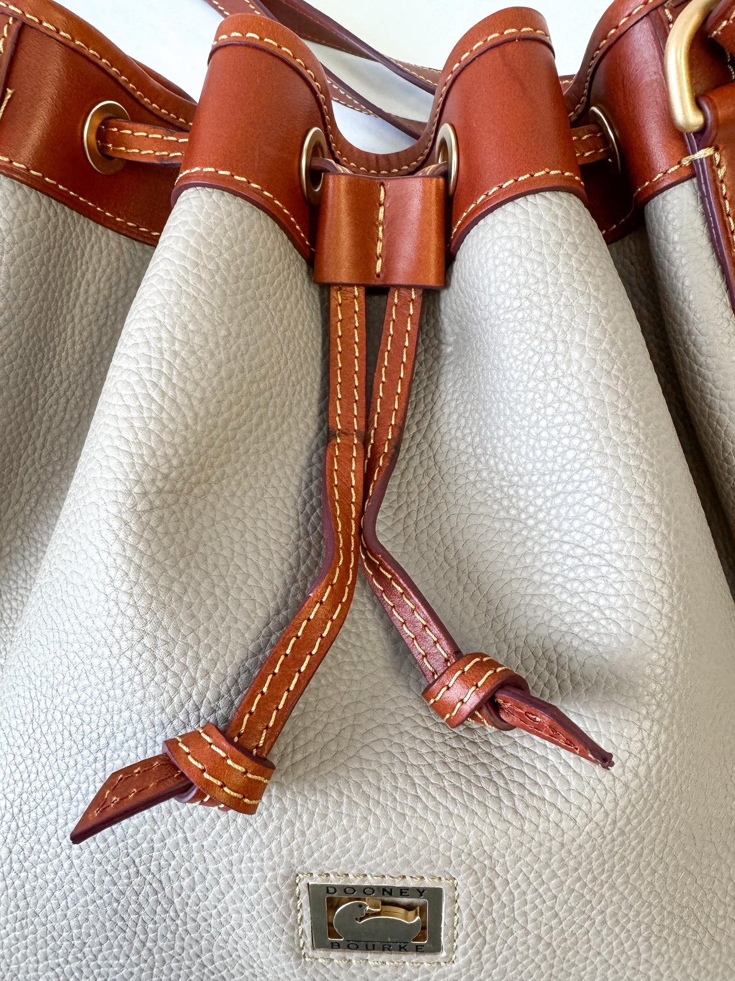 Modern Dooney and Bourke Dillen Elephant Gray Taupe Leather Drawstring Bucket Shoulder Bag