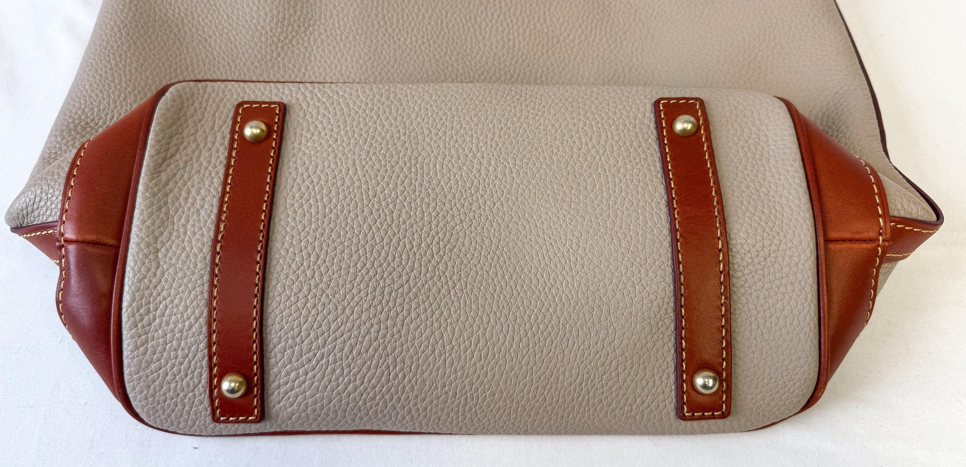 Modern Dooney and Bourke Dillen Elephant Gray Taupe Leather Drawstring Bucket Shoulder Bag