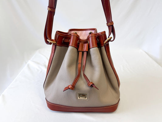 Modern Dooney and Bourke Dillen Elephant Gray Taupe Leather Drawstring Bucket Shoulder Bag