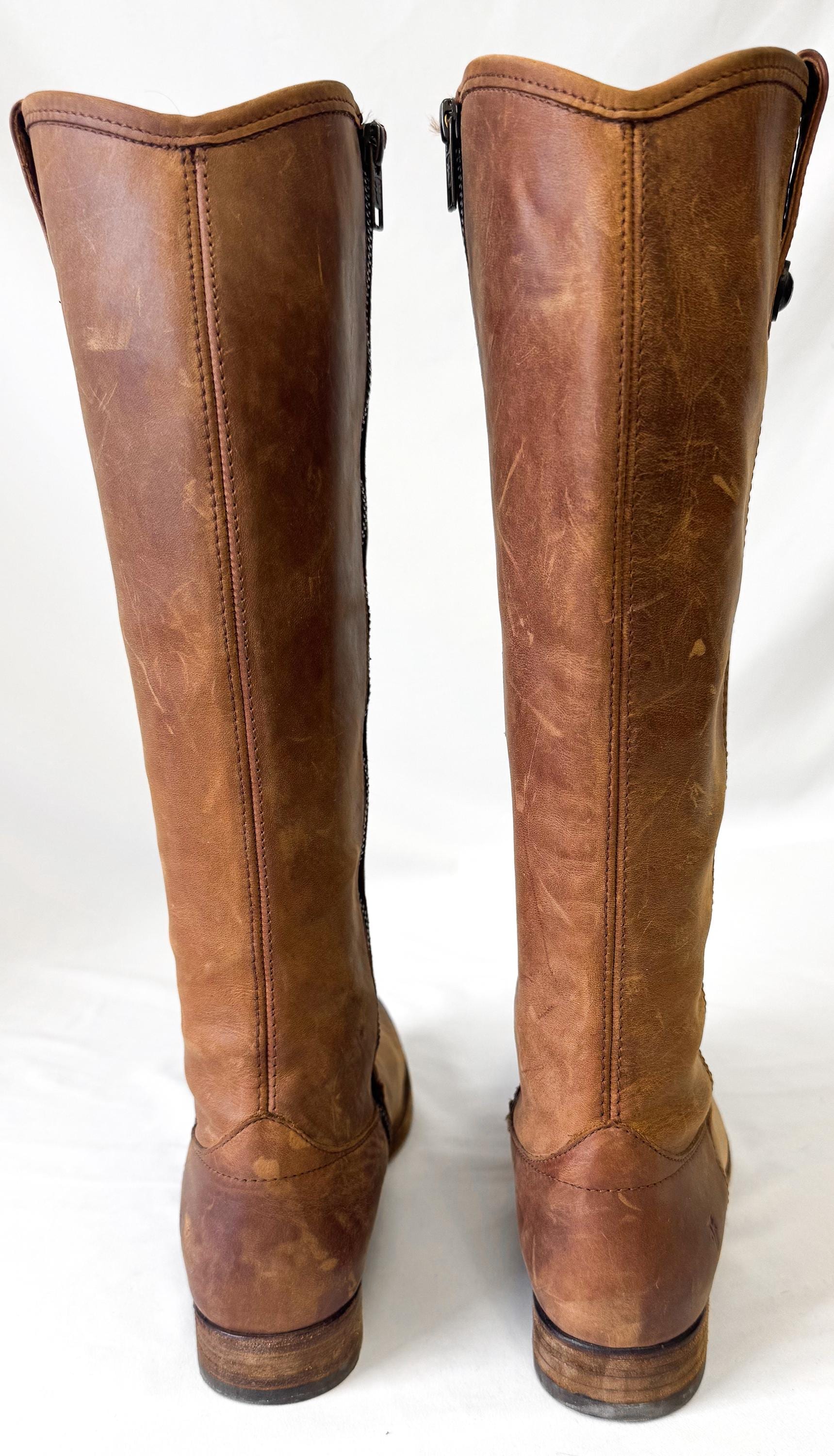 Vintage Frye Brown Knee-High Zip Up Leather Boots, Style 4015, Women's Sz. 8B