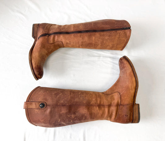 Vintage Frye Brown Knee-High Zip Up Leather Boots, Style 4015, Women's Sz. 8B