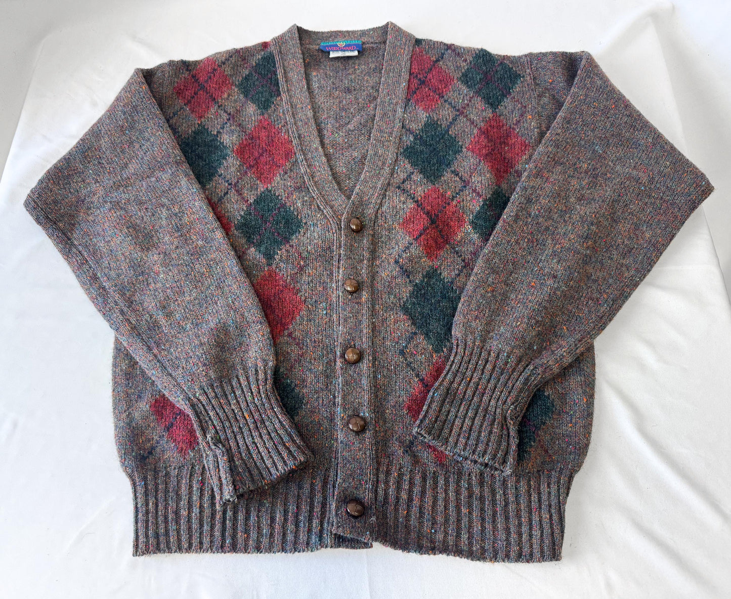 Vintage Woodward Neutral Red Green Argyle Print Wool Cardigan, Men's Sz. M