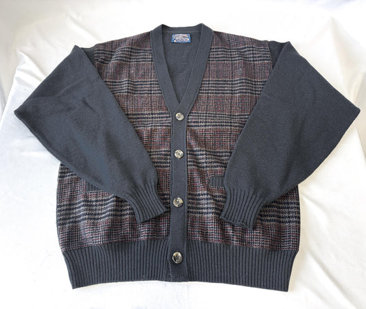 Vintage 70s Pendleton Gray Multicolor Houndstooth Print Wool Button Cardigan Sweater, Men's Sz. M