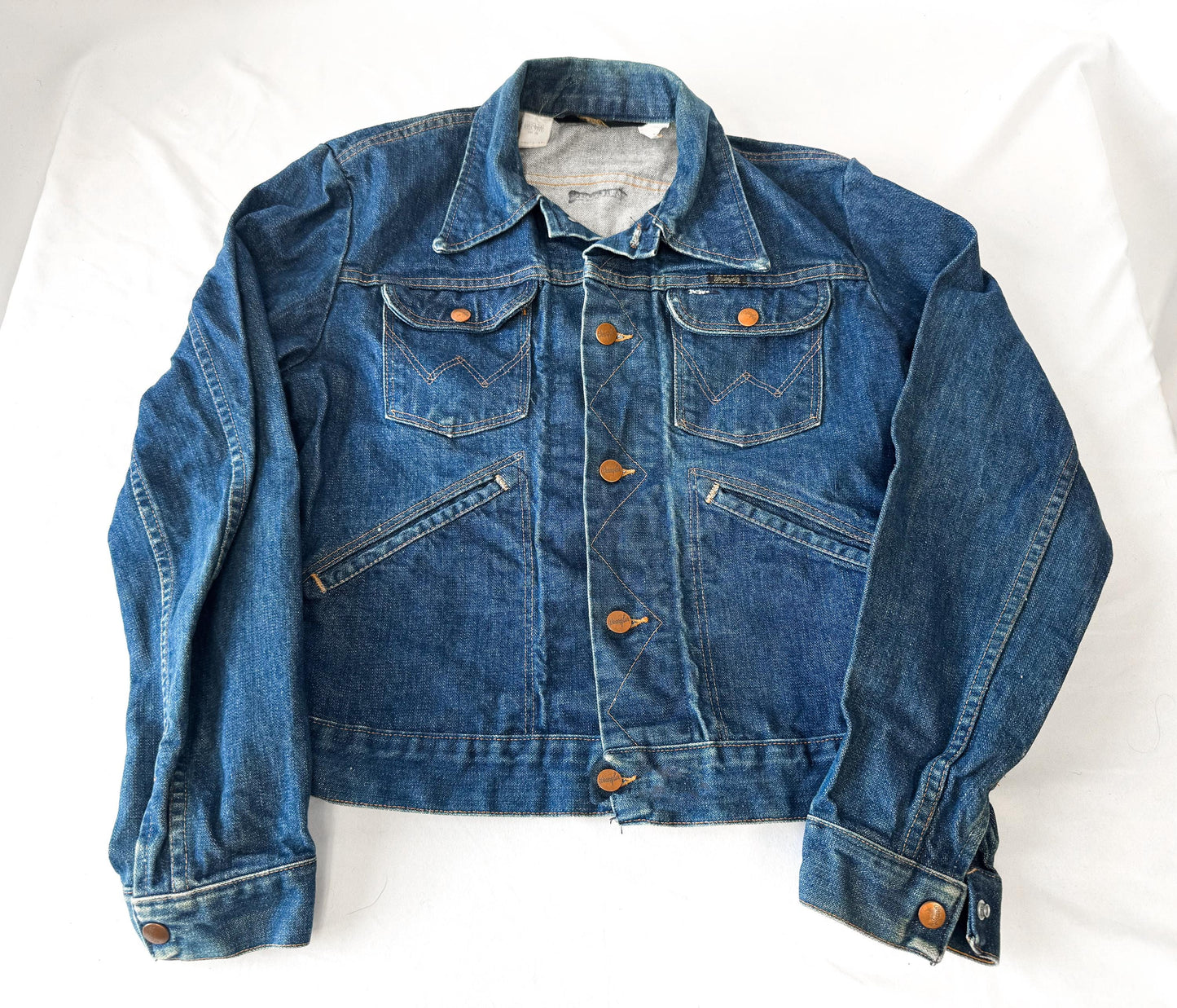 Vintage 70s Wrangler Dark Wash W-Stitch Denim Jean Jacket, Women's Sz. XS/S