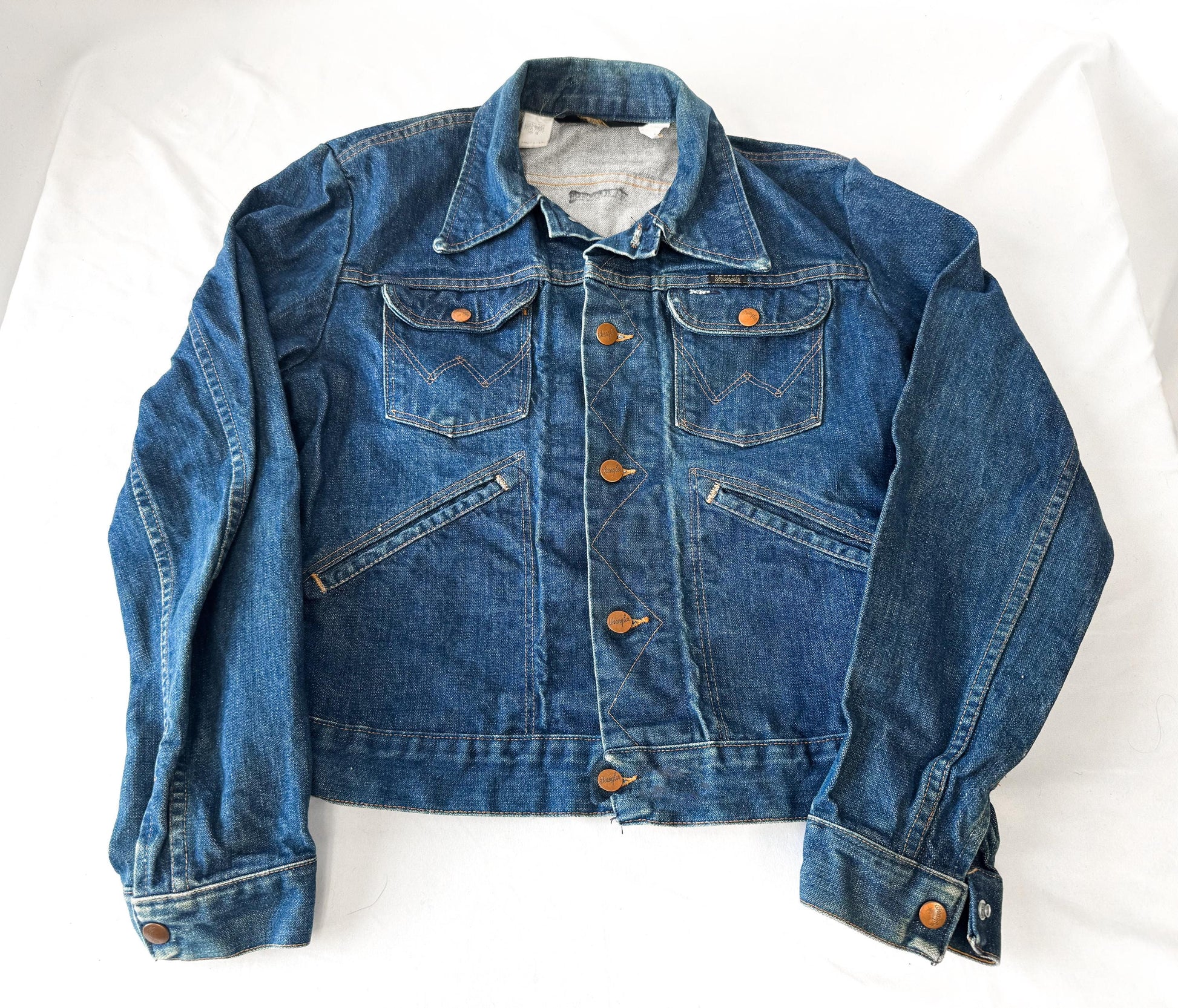 Vintage 70s Wrangler Dark Wash W-Stitch Denim Jean Jacket, Women's Sz. XS/S