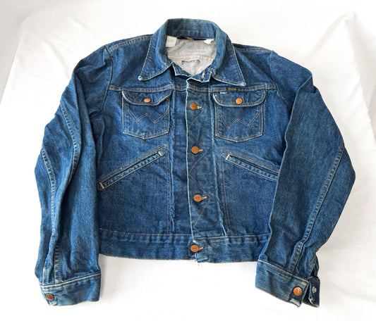 Vintage 70s Wrangler Dark Wash W-Stitch Denim Jean Jacket, Women's Sz. XS/S