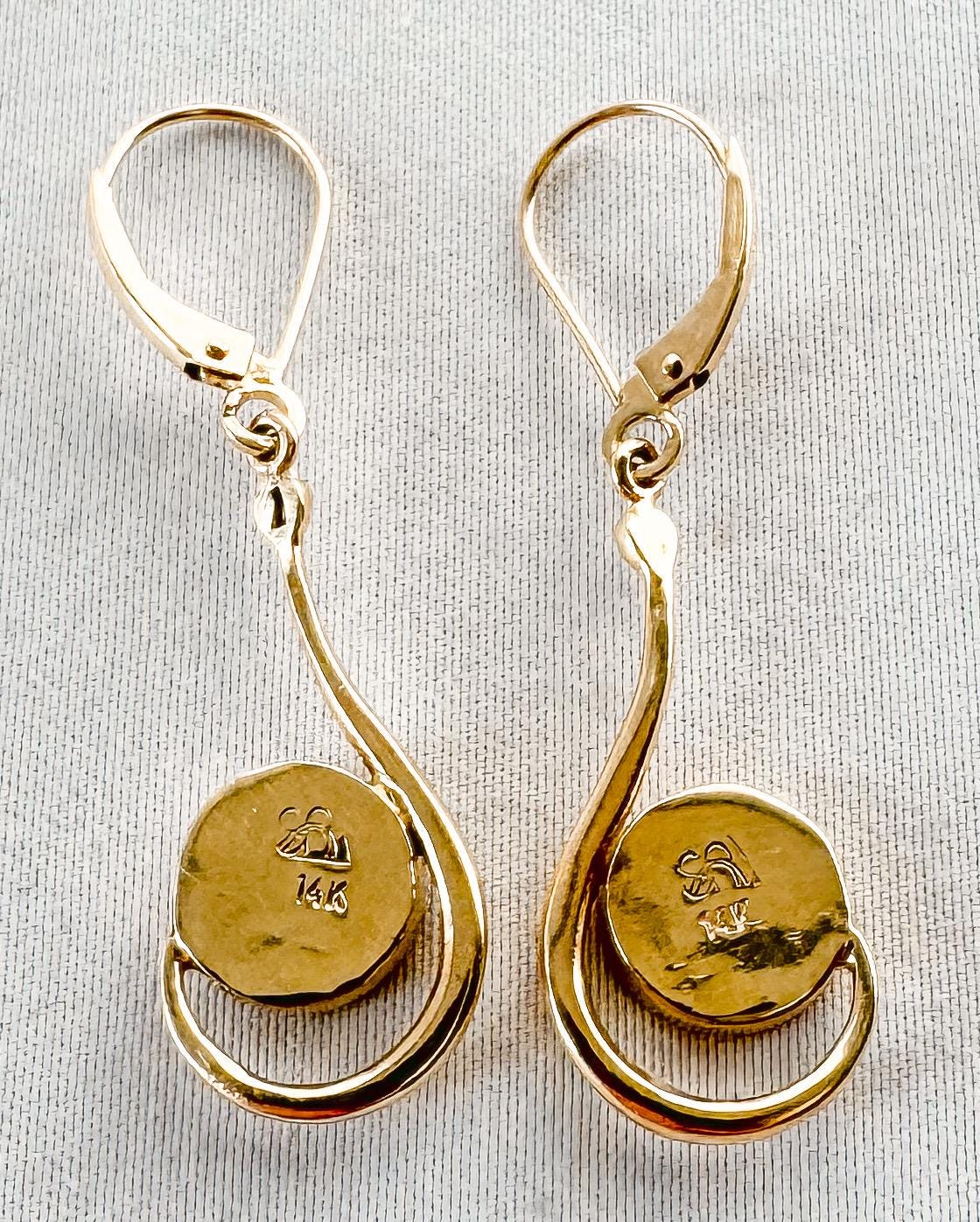 Vintage 14K Yellow Gold Blue Opal Circle Abstract Teardrop Earrings