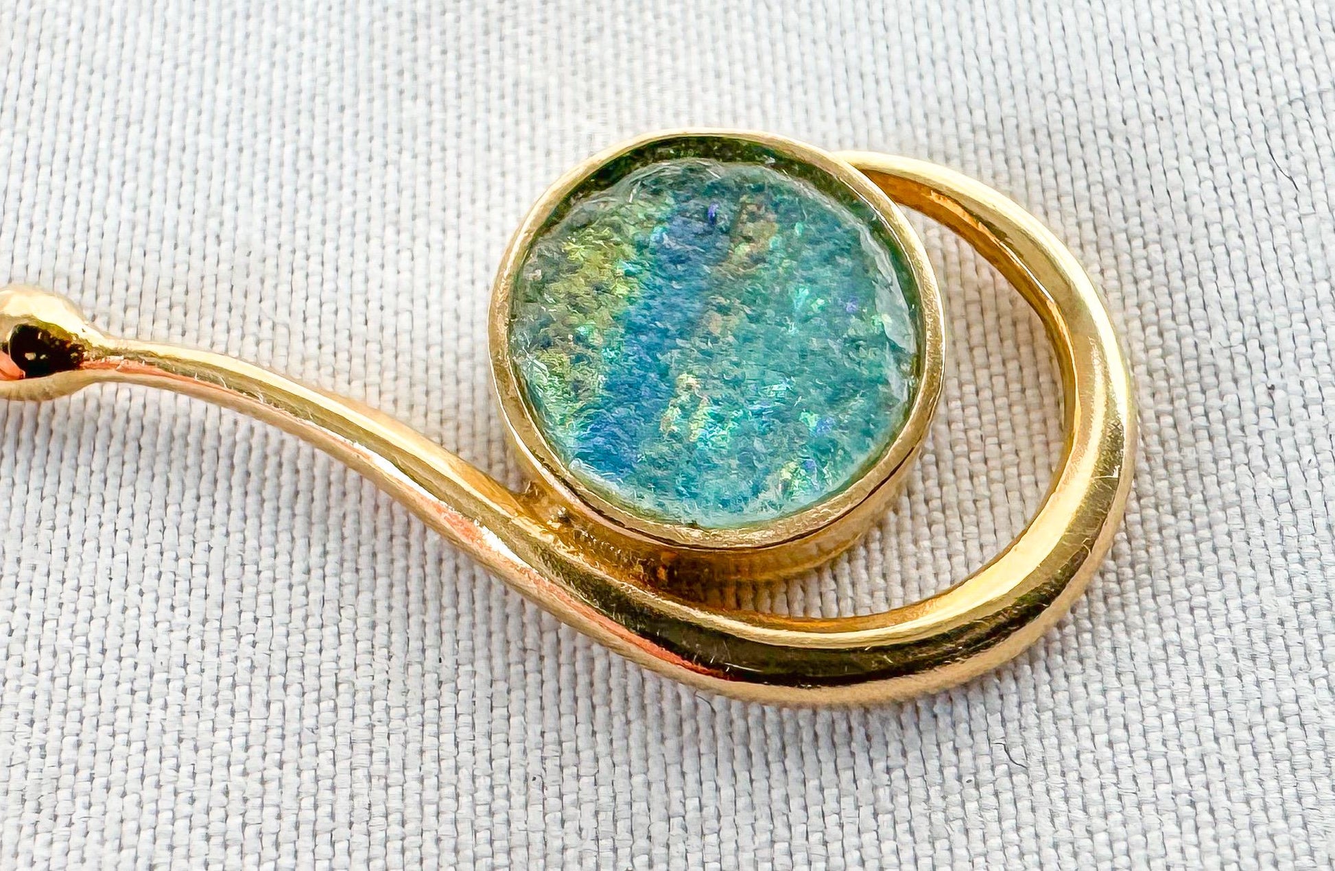 Vintage 14K Yellow Gold Blue Opal Circle Abstract Teardrop Earrings