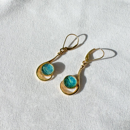 Vintage 14K Yellow Gold Blue Opal Circle Abstract Teardrop Earrings