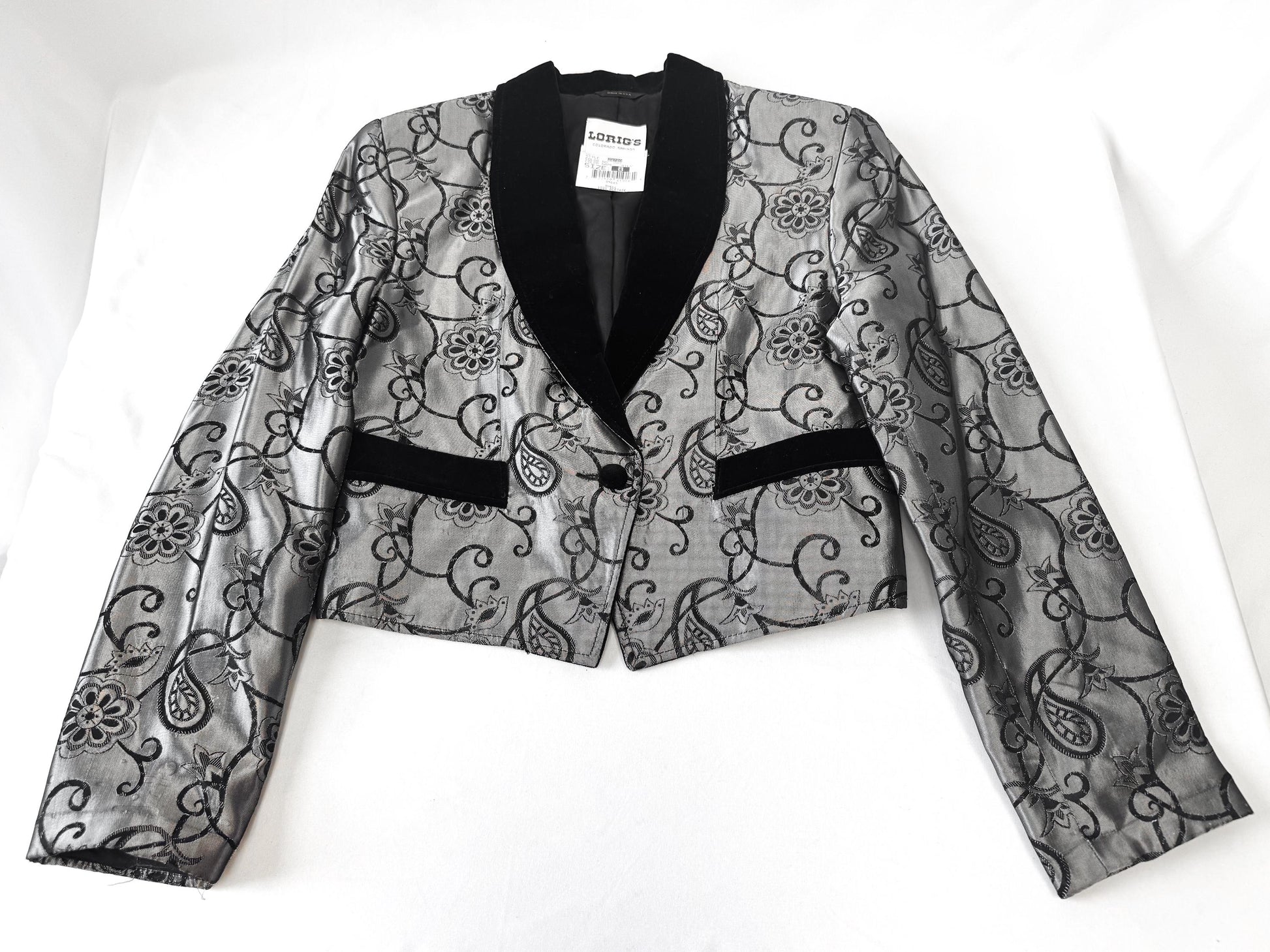 Vintage 90s Lorig's Black Silver Metallic Velvet Paisley Floral Print Blazer, Women's Sz. S