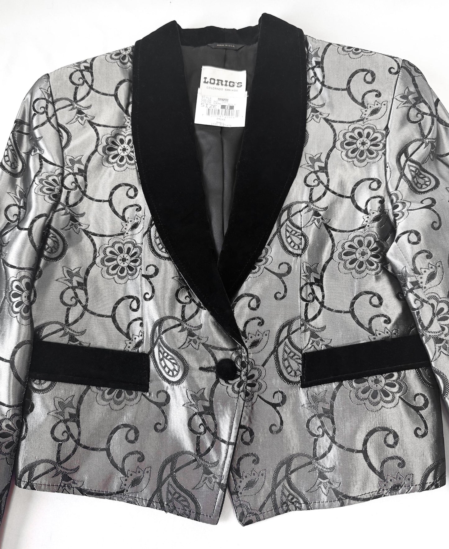 Vintage 90s Lorig's Black Silver Metallic Velvet Paisley Floral Print Blazer, Women's Sz. S