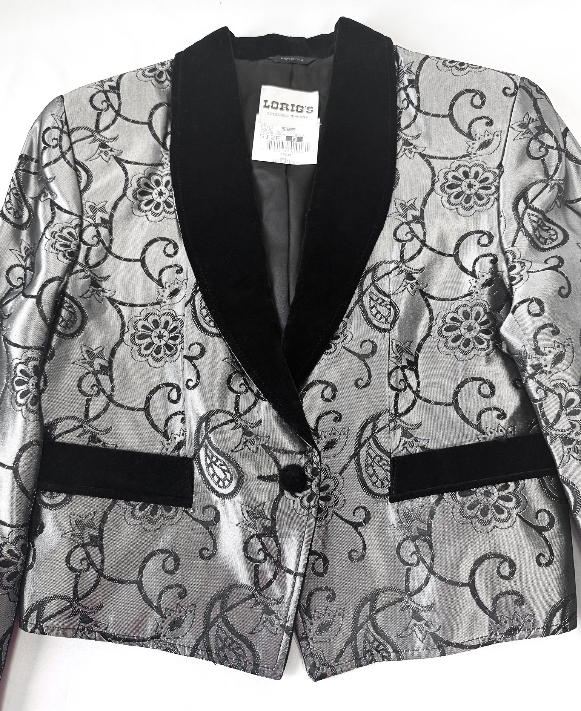Vintage 90s Lorig's Black Silver Metallic Velvet Paisley Floral Print Blazer, Women's Sz. S