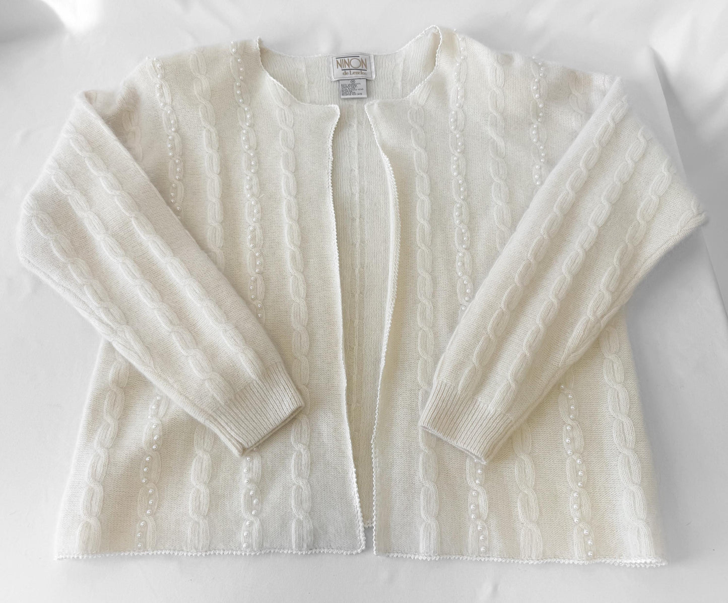 Vintage Cream/Off-White Pearl Knit Lambswool Mohair Blend Open Cardigan, Women's Sz. M