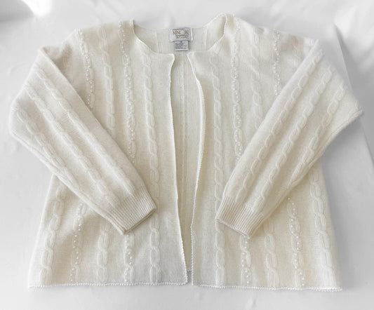 Vintage Cream/Off-White Pearl Knit Lambswool Mohair Blend Open Cardigan, Women's Sz. M