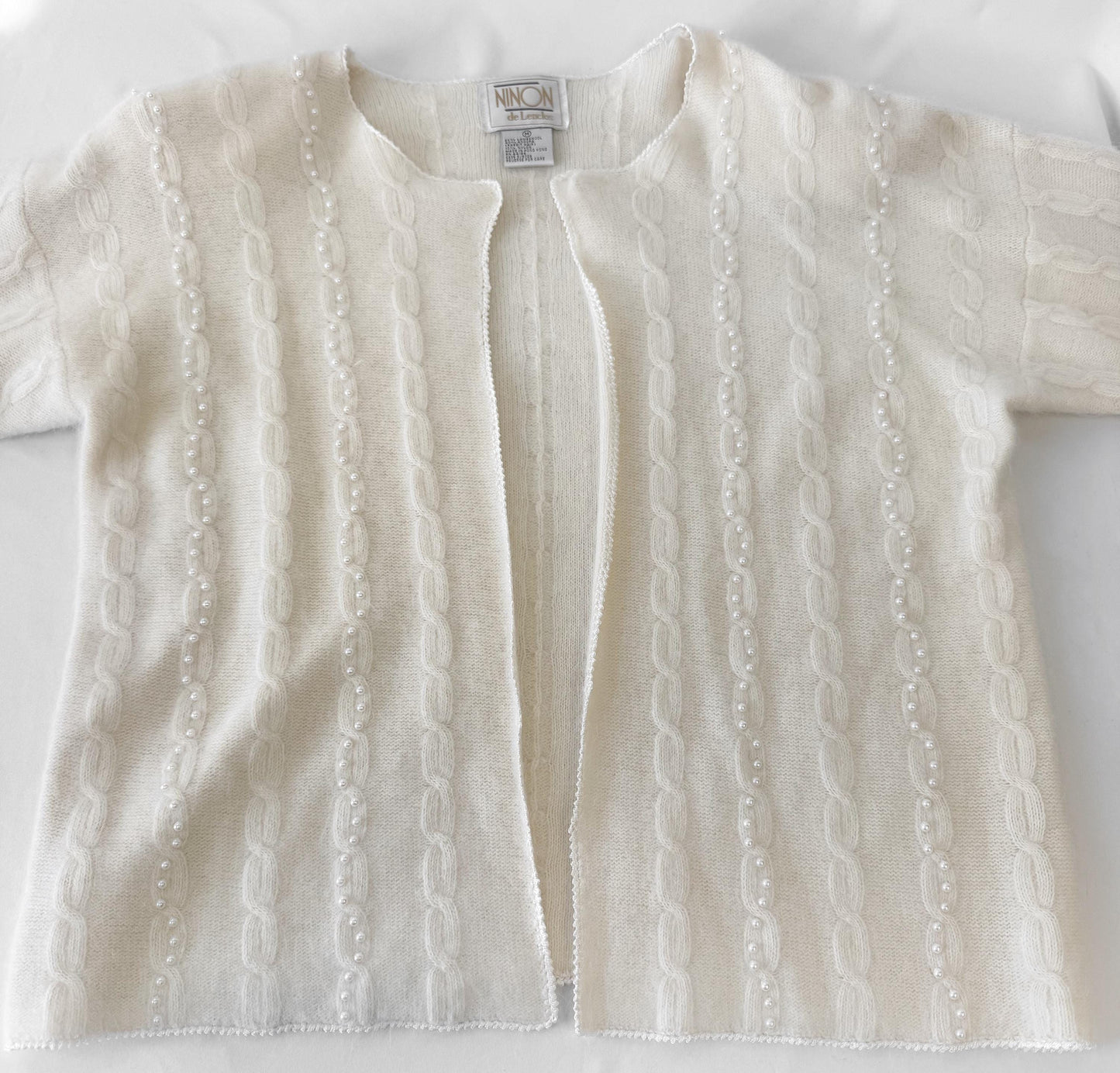 Vintage Cream/Off-White Pearl Knit Lambswool Mohair Blend Open Cardigan, Women's Sz. M