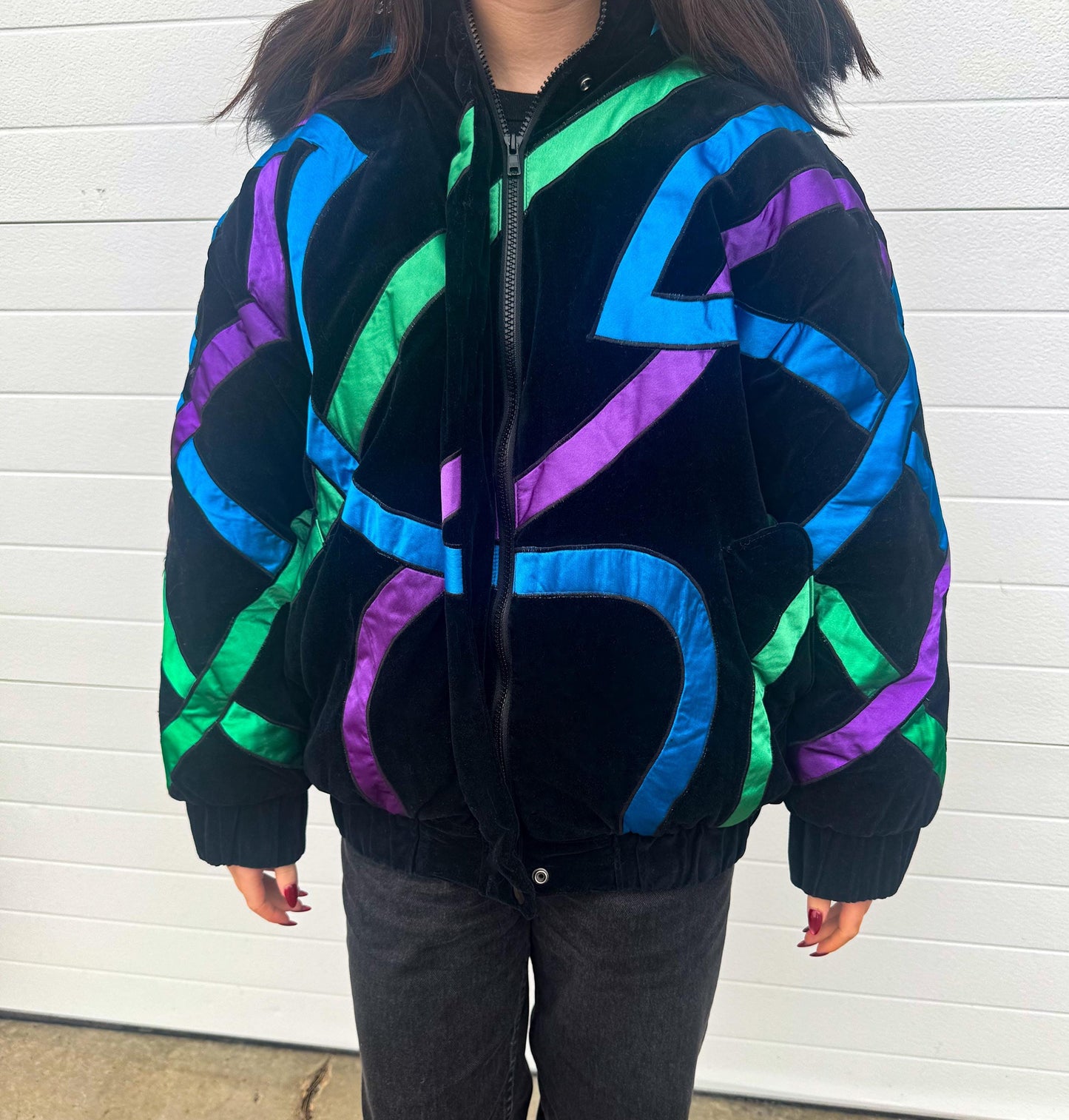 Vintage 80s London Fog Black Velvet Neon Ribbon Fur Hooded Jacket, Women's Sz. M, Retro Style Jacket