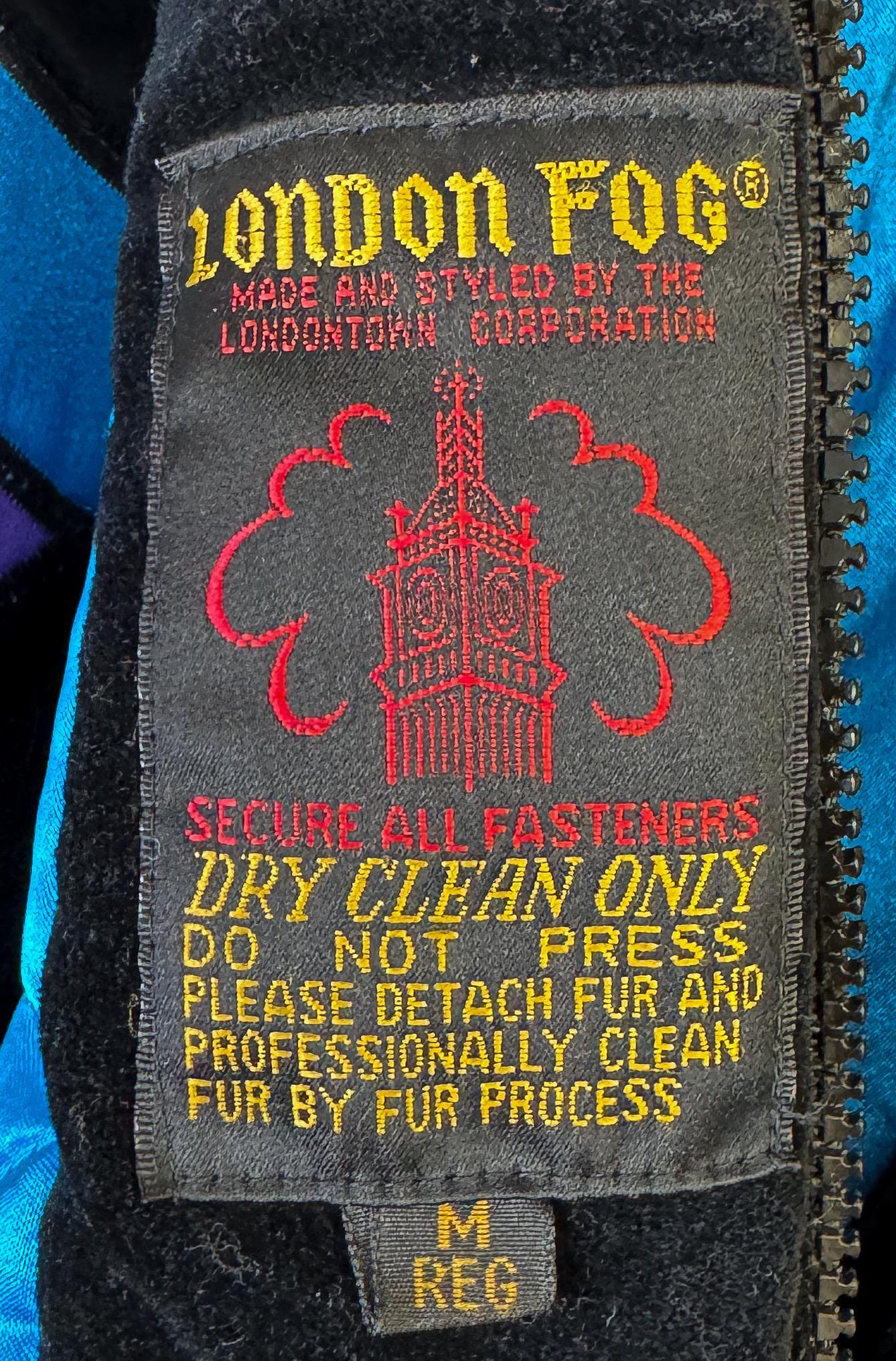 Vintage 80s London Fog Black Velvet Neon Ribbon Fur Hooded Jacket, Women's Sz. M, Retro Style Jacket