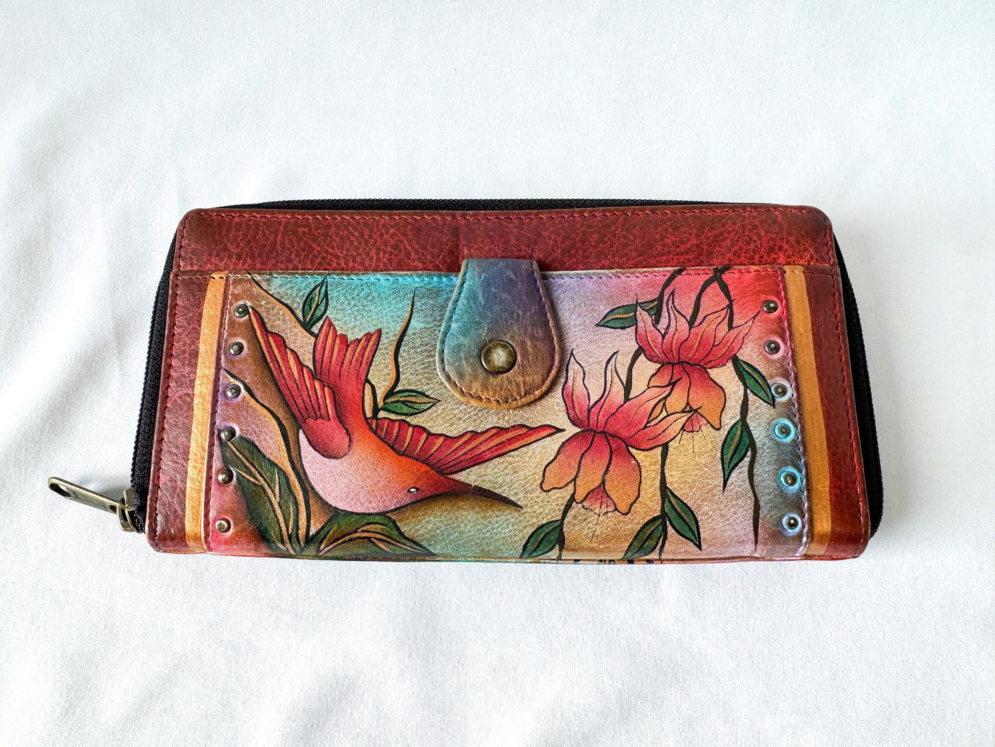 Vintage Anuschka Hand-Painted Hummingbird Floral Leather Wallet, Boho Hippie Style Wallet
