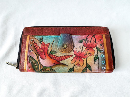 Vintage Anuschka Hand-Painted Hummingbird Floral Leather Wallet, Boho Hippie Style Wallet