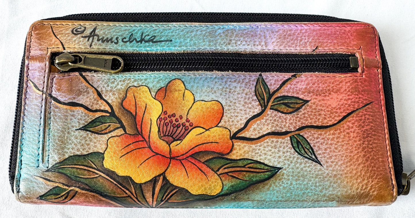Vintage Anuschka Hand-Painted Hummingbird Floral Leather Wallet, Boho Hippie Style Wallet