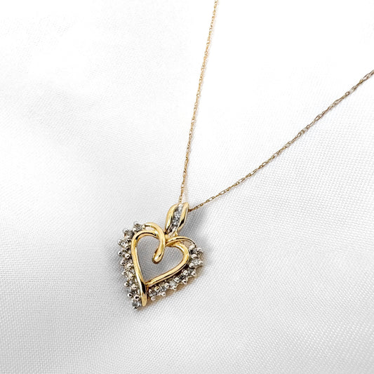 Vintage 10K Yellow Gold Diamond Heart Pendant 20" Necklace, Elegant Simple Dainty Heart Necklace