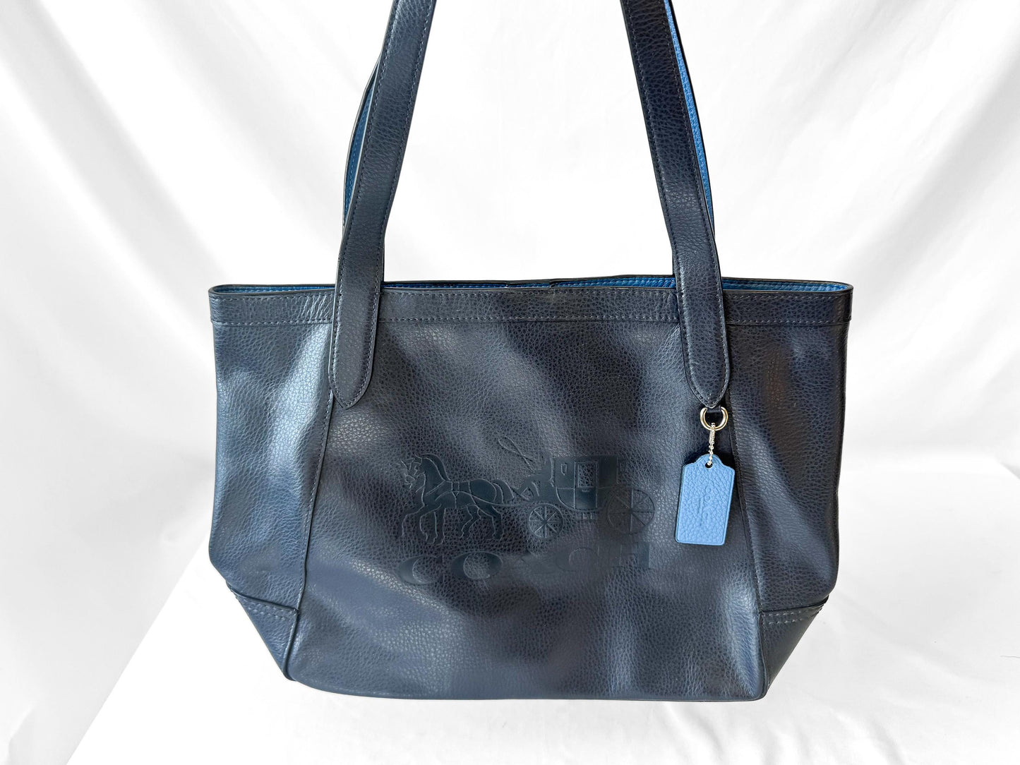 Modern Coach Midnight Blue Horse & Carriage Embossed Pebbled Leather Shoulder Tote Bag, Style C4063