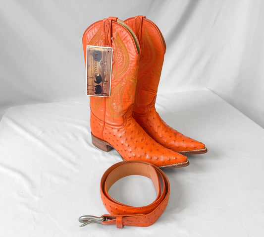 NWT El General Orange Ostrich Leather Pointed Toe Cowboy Boots with Matching Belt, Men's Sz. 8, 38" Waist, Unique Statement Western Wear