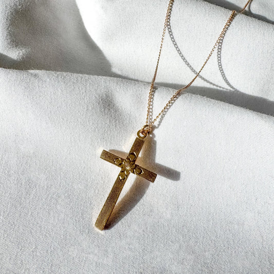Vintage 10K Yellow Gold Floral Etched Cross Pendant Necklace on 14K Gold 19" Chain, Simple Elegant Cross Chain