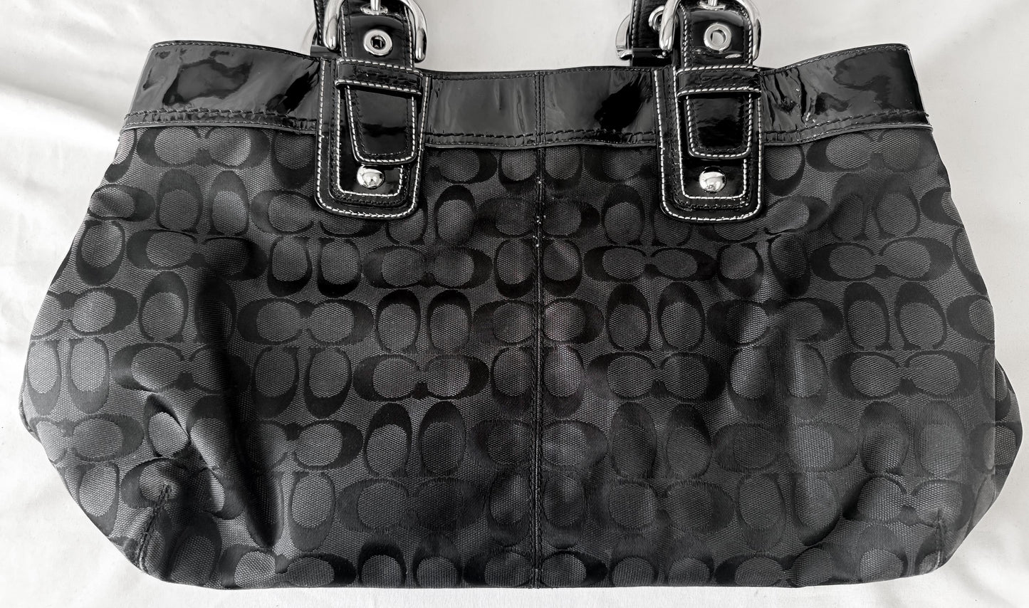 Y2K 00s Coach Black Soho Hampton Pleated Patent Leather Trim Satchel Shoulder Bag, Style 13473