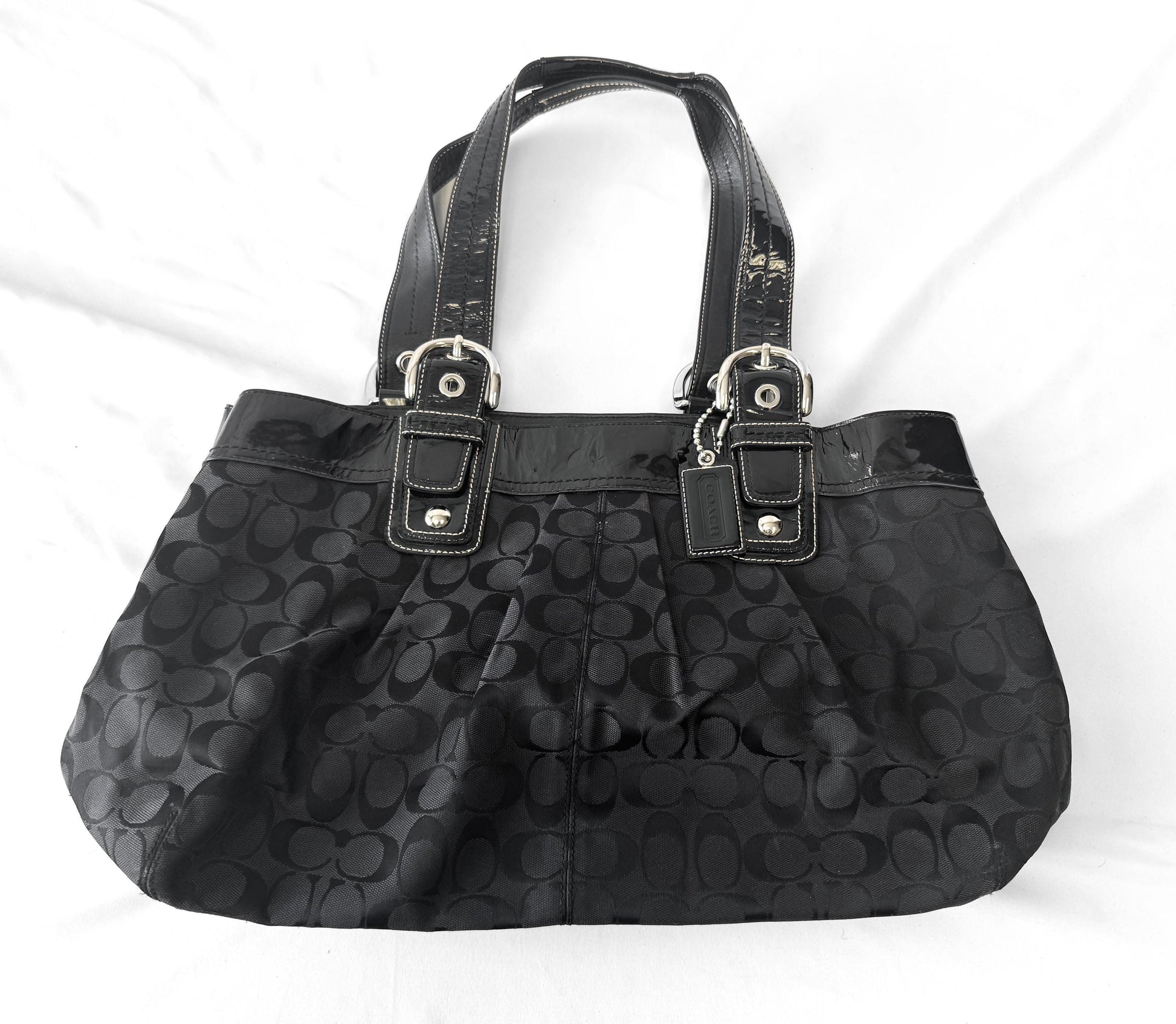 Y2K 00s Coach Black Soho Hampton Pleated Patent Leather Trim Satchel Shoulder Bag, Style 13473