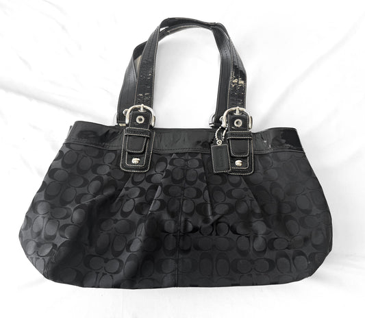 Y2K 00s Coach Black Soho Hampton Pleated Patent Leather Trim Satchel Shoulder Bag, Style 13473