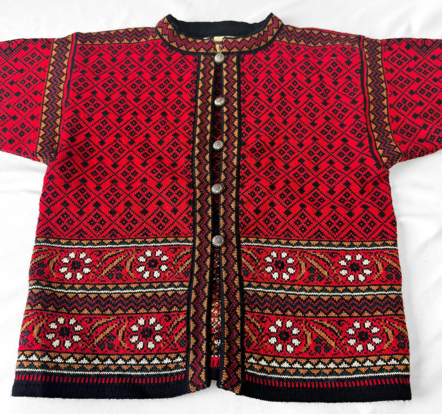 Vintage Dale of Norway Red Abstract Floral Pure Wool Nordic Cardigan Sweater, Approx. Women's Sz. XS/S